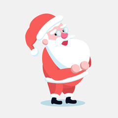 Santa Claus standing straight with his hands on belt. Cute cartoon cheerful and smiling Father Frost character isolated. Flat style vector illustration