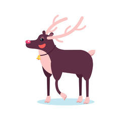 Happy smiling christmas deer cartoon character smiling with raising hoof. Cheerful positive xmas reindeer. Santa caribou vector icon illustration. Holiday elk symbol.