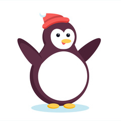 Christmas arctic penguin waving wings and smiling. Cute cartoon xmas pinguin in red beanie hat standing and spreading hands for hug.