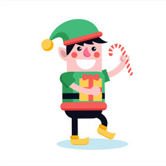 Christmas elf walking and smiling with sweet candy stick. Cute cartoon xmas dwarf in green hat and costume cheerfully marching with gift-box.