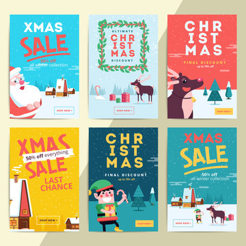 Christmas social media sale banners for mobile website ad. Xmas discount background for online shop web page or cell phone. Promotional poster or flyer layout. Vector holiday promotion newsletter.