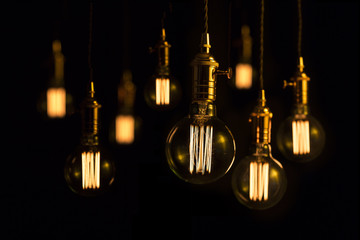Squirrel cage filament light bulbs on black