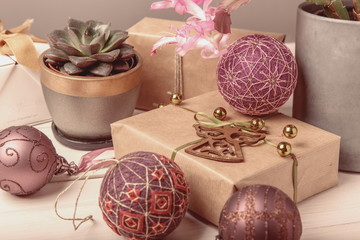 Temari balls, a handicraft ball in traditional Japanese style. Christmas composition with a gift,...
