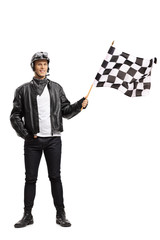Biker waving a checkered race flag © Ljupco Smokovski