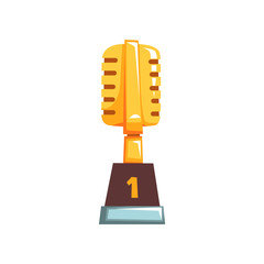 Illustration of golden trophy with retro microphone. Award for outstanding achievements in music industry. Best singer award. Vector
