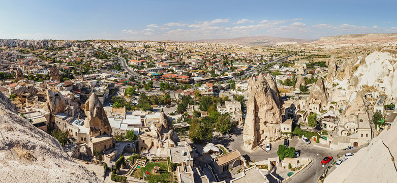 View of the city of Goreme from a height with houses of hotels and mosques. A popular place for tourists to stay