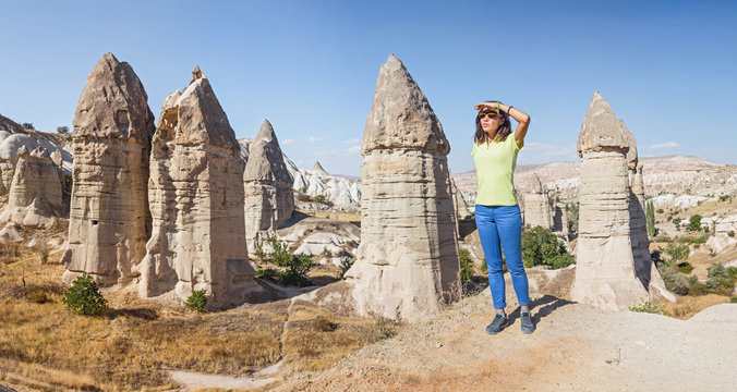 Young happy tourist woman travel at Cappadocia, Turkey.