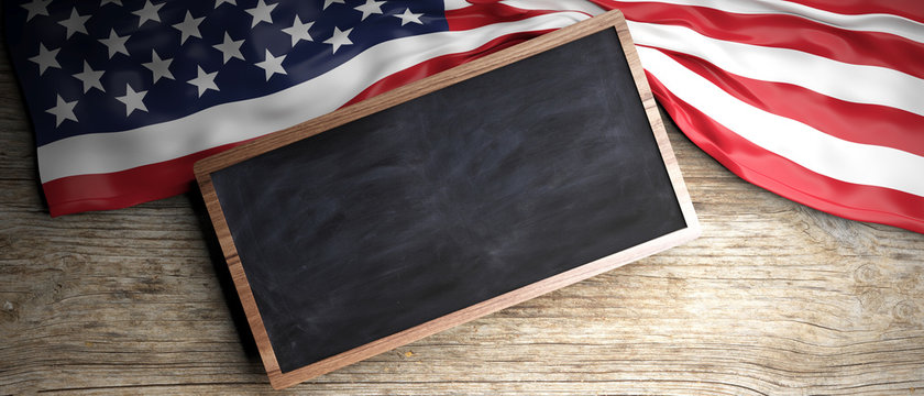 United States flag placed on wooden background. Blackboard in frame with copyspace. 3d illustration