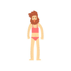 Freak bearded man character in womans bathing suit, creative party in crazy style, freaky masquerade or carnival costume cartoon vector Illustration