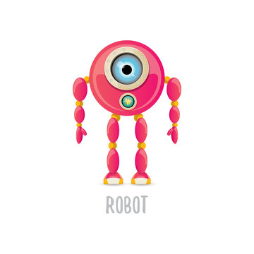 vector funny cartoon pink friendly robot character Isolated on white background. Kids robot logo design template