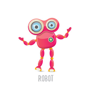 vector funny cartoon pink friendly robot character Isolated on white background. Kids robot logo design template