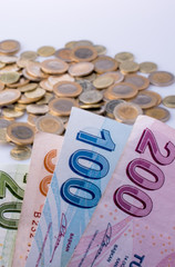 Turkish Lira coins and banknotes side by side