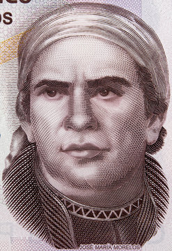 Jose Maria Morelos y Pavon portrait on Mexico 50 pesos (2015) banknote closeup macro, Mexican money close up.