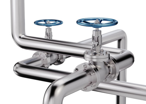 Pipes with Valves Industrial Background. 3D illustration