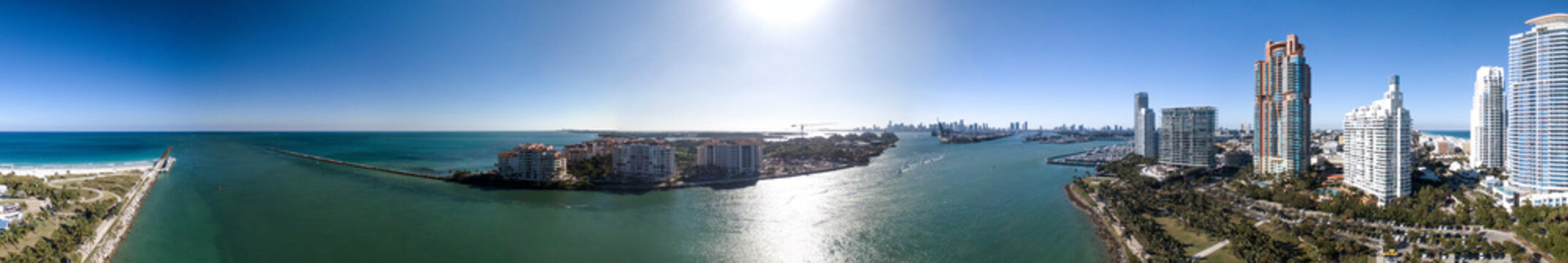 South Pointe Park in Miami. Panoramic aerial view of city skyline at dusk