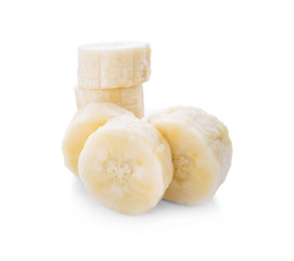 slice banana in a plate isolated on a white background