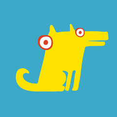 Funny yellow dog sitting on its hind legs. Side view. Blue background. Hand draw cartoon art style