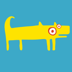 Funny yellow dog stands and wags his tail. Side view. Blue background. Hand draw cartoon art style
