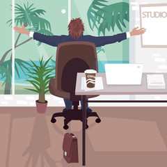 Happy employee in office near tropical beach. Businessman stretches while sitting on chair near panoramic window in business center. Simplified realistic cartoon style