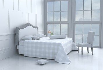 White bed room decorated with tree in glass vase, pillows, white blanket, Window, sky, Lamp,White wall it is pattern,chair, The sun shines through the window into the shadows,White floor.3d rendering.