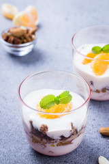 Yogurt nuts oatmeal orange breakfast on concrete background. Selective focus, cpace for text. 