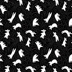Seamless pattern with mouses. Background with cute rats in the grass. Floral vector illustration