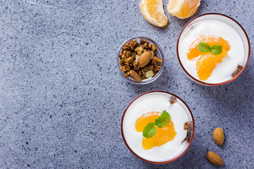 Pumpkin pie yogurt granola dessert on concrete background. Top view, copy space.