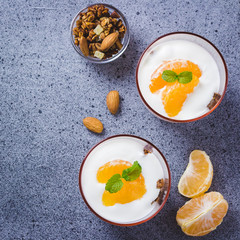 Healthy vegan coconut cream winter fruit granola dessert on concrete background. Top view, copy space.