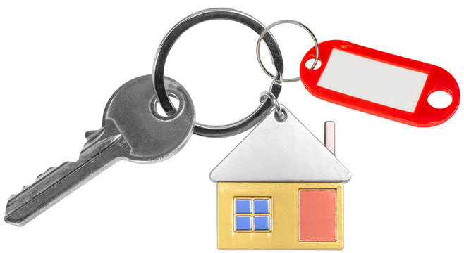 porte-clés maison couleur avec porte-étiquette rouge sur fond blanc