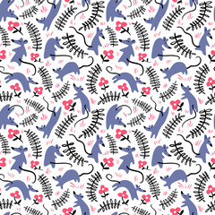 Obraz premium Seamless pattern with mouses. Background with cute rats in the grass. Floral vector illustration