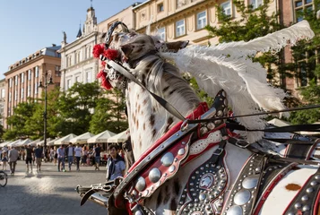 Fotobehang Horses and carriage in Main Market Square or in front of the Renaissance Cloth Hall (Sukiennice), polish city Cracow (Krakow). Summer and holidays in Poland. © Szymon