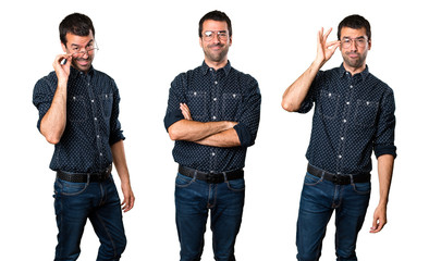 Set of Happy Brunette man with glasses