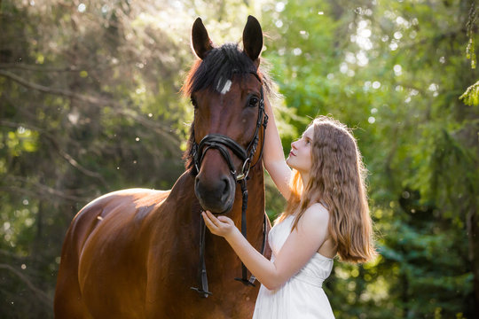 Romantik mit Pferd und Mädchen im Wald