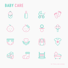 Baby care thin line icons set: newborn, diaper, pacifier, crib, footprints, bathtub with bubbles. Vector illustration.