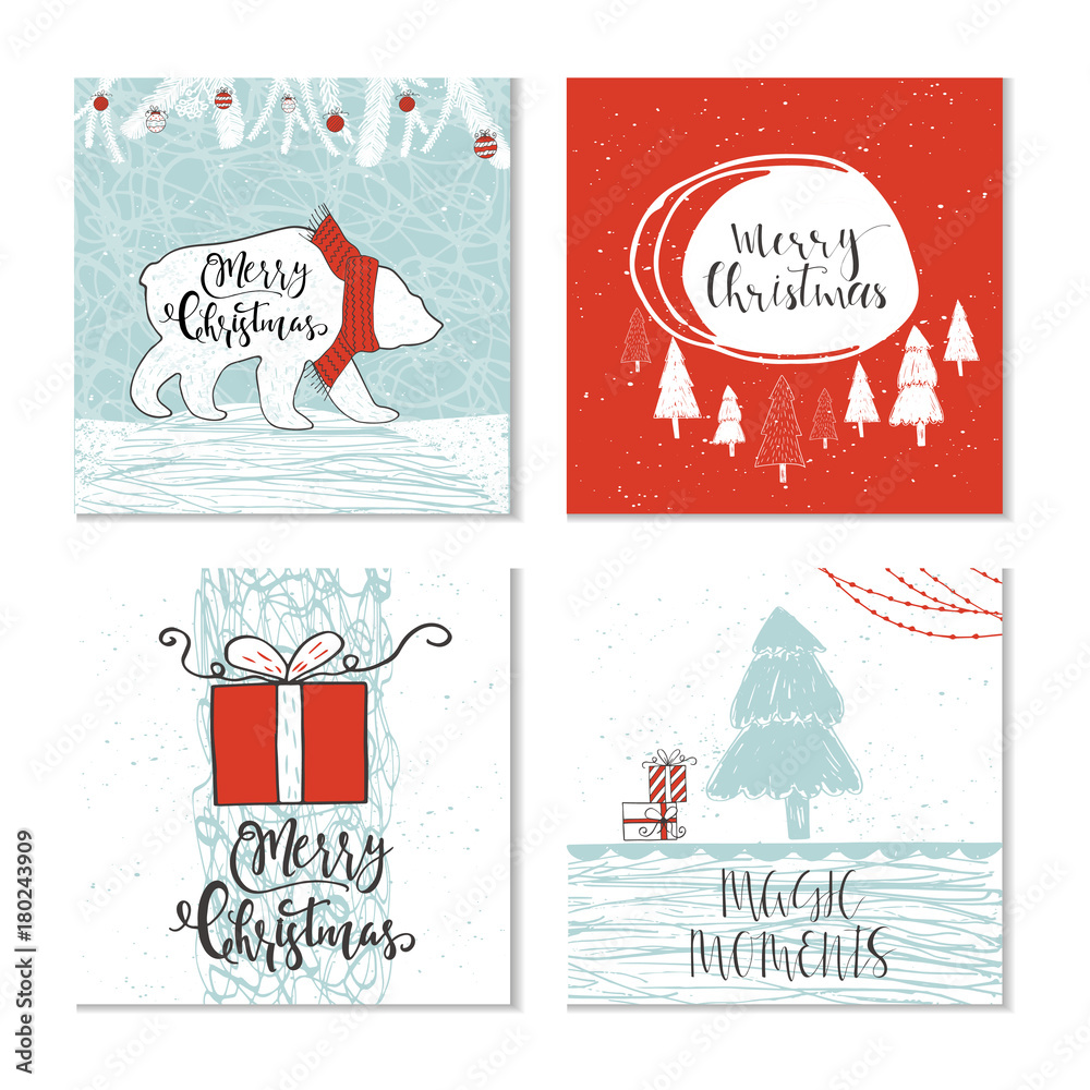 Poster Set of 4 cute Christmas gift cards with animals and  lettering quote Merry Christmas