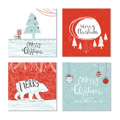 Set of 4 cute Christmas gift cards with animals and  lettering quote Merry Christmas