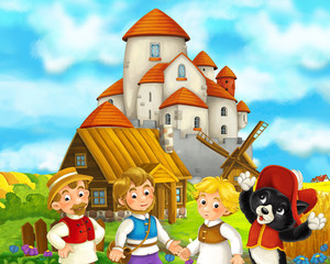 cartoon scene with some medieval farmers and cat standing talking and smiling beautiful castle in the background illustration for children