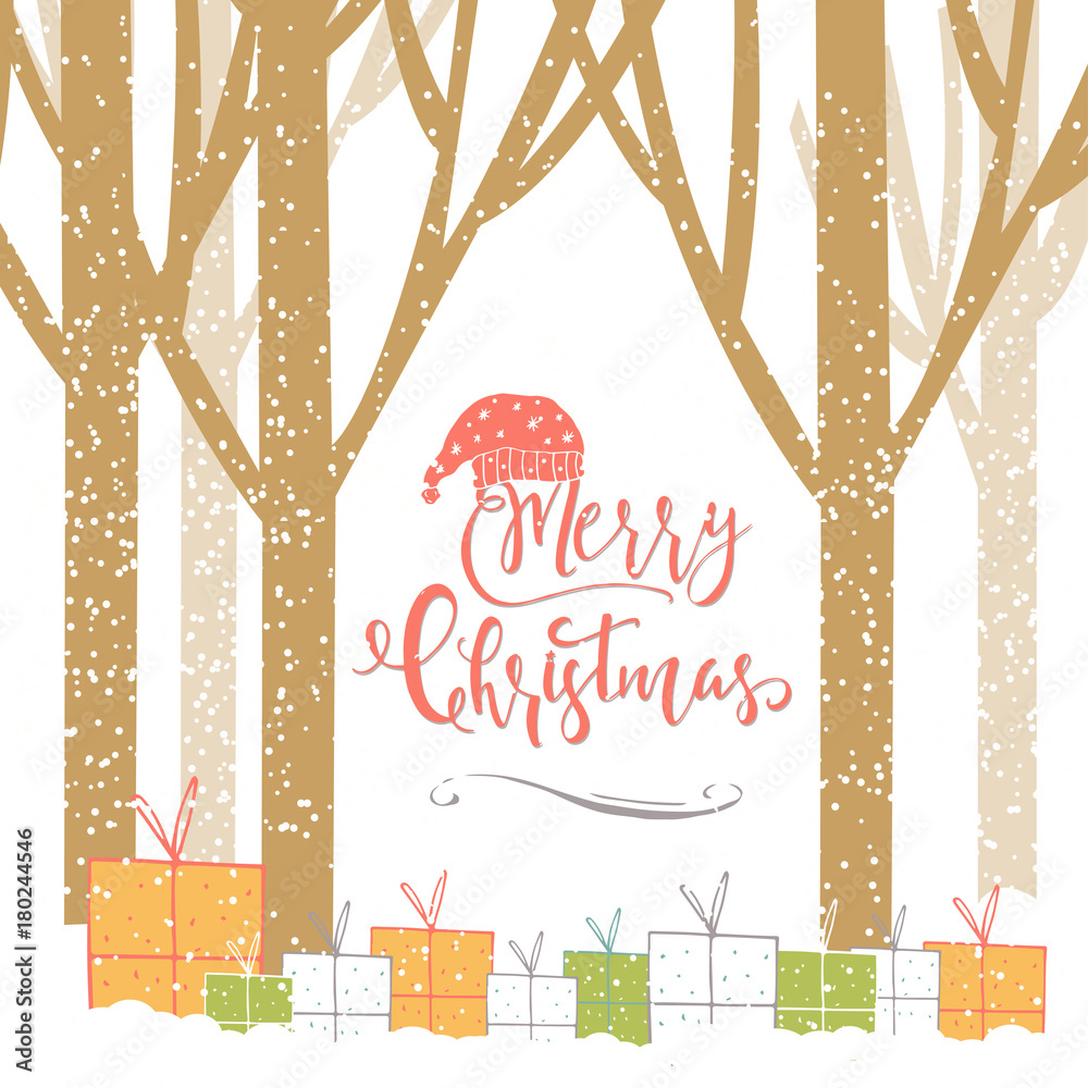 Wall mural Merry Christmas cute greeting card with forest, presents and lettering quote