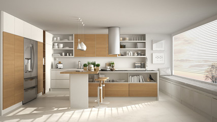Modern wooden kitchen with wooden details and panoramic window, white minimalistic interior design, sunset sunrise panorama