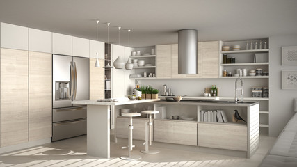 Modern wooden kitchen with wooden details, white minimalistic interior design