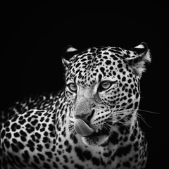 Fototapeta na wymiar Leopard portrait on dark background. Panthera pardus kotiya, Big spotted cat lying