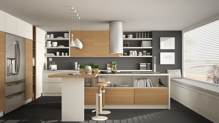 Modern wooden kitchen with wooden details and panoramic window, white and gray minimalistic interior design, sunset sunrise panorama