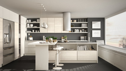 Modern wooden kitchen with wooden details and panoramic window, white and gray minimalistic interior design, sunset sunrise panorama
