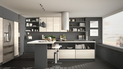 Modern wooden kitchen with wooden details and panoramic window, white and gray minimalistic interior design, sunset sunrise panorama