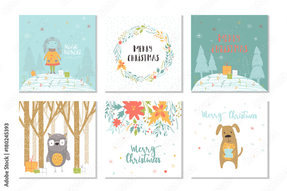 Poster Collection of 6 Merry Christmas cute greeting card with animals, presents and lettering.