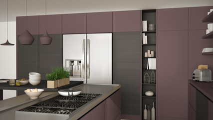 Modern wooden kitchen with wooden details, close up, gas stove with cooking pan, gray and red minimalistic interior design