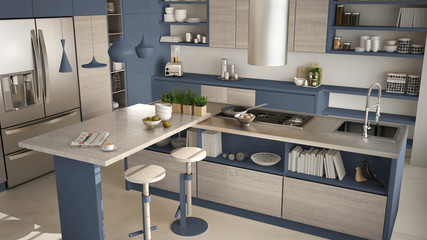 Modern wooden kitchen with wooden details, close up, island with stools, white and blue minimalistic interior design