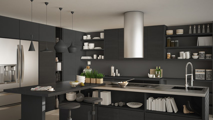 Modern wooden kitchen with wooden details, close up, island with stools, white and gray minimalistic interior design