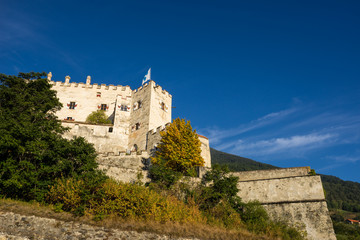 Castel Coira. Castle on the hill landscape. Schluderns, Vinschgau Valley, Alto Adige, Italy