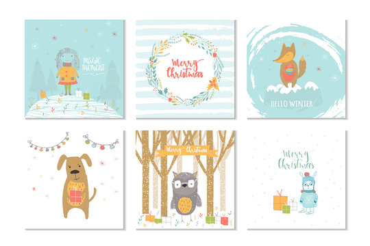 Collection of 6 Merry Christmas cute greeting card with animals, presents and lettering.